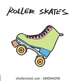 Roller skate profile logo, colored drawing with letters illustration. Exercise footwear and sport equipment vector artwork. Rolling shoe with wheels contour sketch. Disco rolling boots, trend from 80s