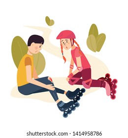 Roller skate safety concept.Two kids-teenager boy and his girl friend in helmet - sit and look at the wound on the boy's knee, resulting from falling without special protection for roller skaters.