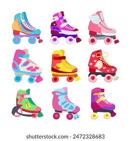 roller skate set cartoon. vintage girl, pink fashion, boot kid roller skate sign. isolated symbol vector illustration