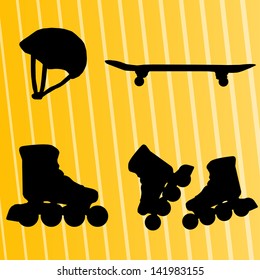 Roller skate, skateboard and helmet vector background equipment set