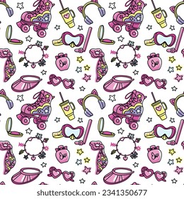 Roller skate, sunglasses, diving mask and other summer accessories in pink colors on style. Seamless pattern. Vector.