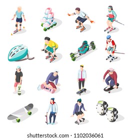 Roller and skateboarders isometric icons set of athletes sport equipment and elements of body protection vector illustration 