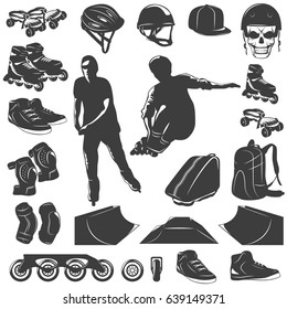 Roller skater black white icons set with frame wheels helmet pad skull sneakers backpack isolated vector illustration