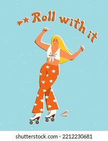 Roller skater in colorful retro style. Vector illustration of a blond girl in star print pants enjoying 80s style active hobby. Roller disco concept.