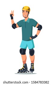 Roller skater flat vector illustration. Young man wearing protective gear, helmet and kneepads. Extreme sport fan in arm and wrist protectors. Sportsman showing victory gesture cartoon character