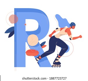 Roller skater with large letter R good for extreme sport and female school. Blue capital abc character decorated with leaves and geometric shapes