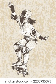 Roller skater in motion. Girl in protectors and helmet. Skate park activity. Hand drawn vector sketch.