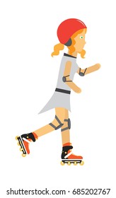 Roller skater vector. Female character in helmet, elbow, knee protection on rollers
