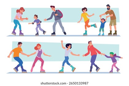 Roller skaters. Parents and kids skating together exact vector sport characters family
