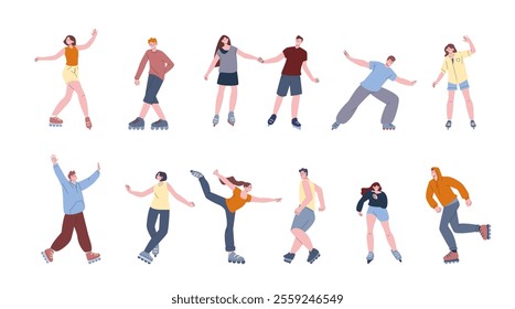 Roller skaters. Retro sporty men women on roller skate, hobby or workout. Enjoying active characters, young people free time, kicky vector set