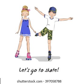 Roller skaters. Skating girl and boy. Cartoon young couple. Teen friends. Lets go to skate.