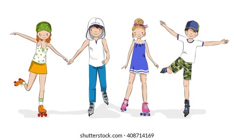 Roller skaters. Skating girls and boys. Cartoon young couples. Teen friends.