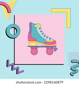 Roller skates. 1990s fashion. Premium quality rollerskating element in trendy style with memphis figures. Vector retro colorful illustration