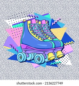 Roller skates 90s style poster. Retro roller skates. 90s fashion. Disco style. 1990s trendy illustration. Nostalgia for the 90s.