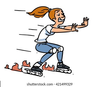 Roller skates accident. Girl on Inline Skates. Cartoon sketch illustration