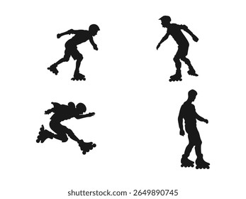Roller skates athlete silhouette collection. Active Rollerblading Silhouettes of Youth and Adults. Silhouettes of roller skaters. Sport, athlete, race, lifestyle theme.
