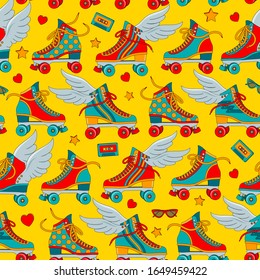 Roller skates in bright colours with and without wings on a yellow background. Retro Style.