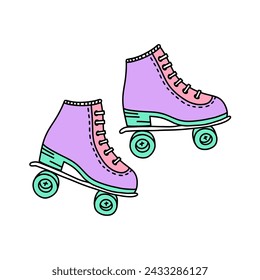 
Patines de ruedas. Dibujo de garabatos en color sobre el tema de los años 80. Ilustración vectorial.