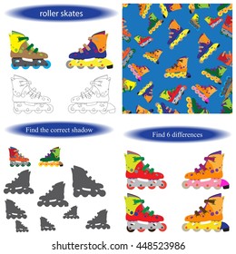 Roller skates.  Coloring book for children. Find differences. Find the correct shadow.