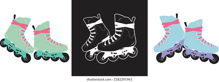 Roller skates Different colors and acts of skating shoes. Cartoon illustration isolated