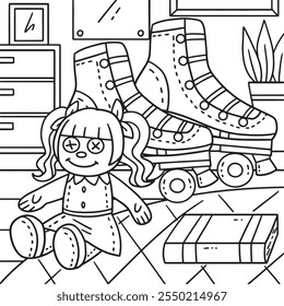 Roller Skates and Doll Coloring Page for Kids