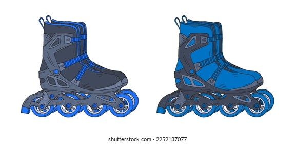 Roller skates doodle. 2000s roller skates. Inline roller skates. Y2k trendy illustration. Inline skating. Retro roller skates inline. Millennial childhood sport and fashion. 90s and 2000s.