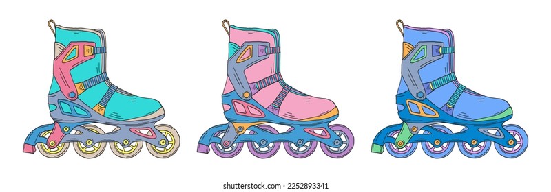 El doodle de patinaje rodante. Patines de ruedas de los años 2000. Ilustración de moda Y2k. Patines de rodillos retro en línea. Deporte y moda infantil milenarios. Los años 90 y 2000.