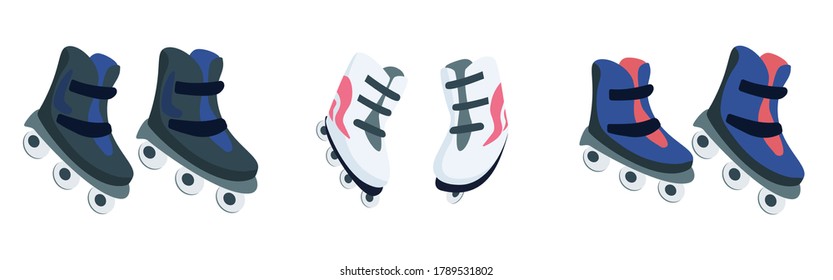 Roller skates flat color vector objects set. Shoes for skating. Sports equipment. Roller derby. Outdoor activities isolated cartoon illustration for web graphic design and animation collection