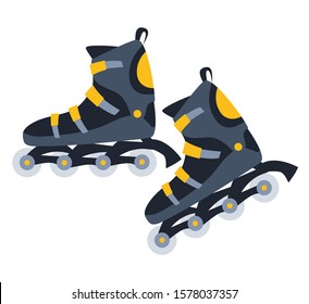 Roller skates flat vector illustration. Cartoon inline skating equipment isolated on white background. Professional rollerblading footwear with wheels. Extreme sports gear. Youth hobby accessory 