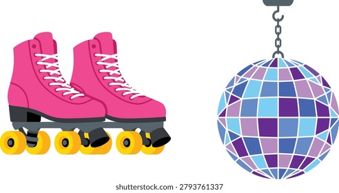 Roller Skates Flat Vector Illustration with Laces, Wheels and Diamond Disco Ornament Graphic with Copy Space