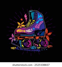 Roller skates with flowers on the background. Original vector illustration in vintage style. T-shirt design. Hand drawn, not AI