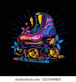 Roller skates with flowers on the background. Original vector illustration in vintage style. T-shirt design. Hand drawn, not AI