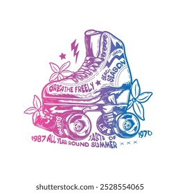 Roller skates with flowers on the background. Original vector illustration in vintage style. T-shirt design. Hand drawn, not AI