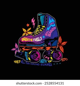 Roller skates with flowers on the background. Original vector illustration in vintage style. T-shirt design. Hand drawn, not AI