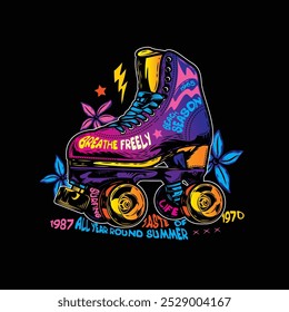 Roller skates with flowers on the background. Original vector illustration in vintage style. T-shirt design. Hand drawn, not AI