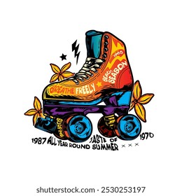 Rollschuhe mit Blumen auf dem Hintergrund. Original Vektorgrafik im Vintage-Stil. T-Shirt-Design. Handgezeichnet, nicht KI