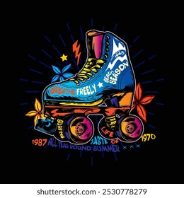 Roller skates with flowers on the background. Original vector illustration in vintage style. T-shirt design. Hand drawn, not AI