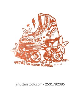 Patins de rolo com flores no fundo. Ilustração vetorial original em estilo vintage. Design de camiseta. Desenhado à mão, não com IA