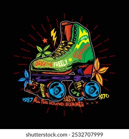 Roller skates with flowers on the background. Original vector illustration in vintage style. T-shirt design. Hand drawn, not AI