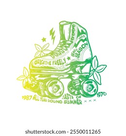 Rollschuhe mit Blumen auf dem Hintergrund. Original Vektorgrafik im Vintage-Stil. T-Shirt-Design. Handgezeichnet, nicht KI