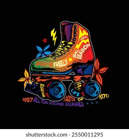 Rollschuhe mit Blumen auf dem Hintergrund. Original Vektorgrafik im Vintage-Stil. T-Shirt-Design. Handgezeichnet, nicht KI