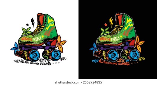 Rollschuhe mit Blumen auf dem Hintergrund. Original Vektorgrafik im Vintage-Stil. T-Shirt-Design. Handgezeichnet, nicht KI