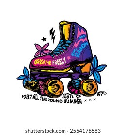 Roller skates with flowers on the background. Original vector illustration in vintage style. T-shirt design. Hand drawn, not AI