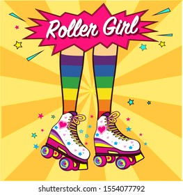 Roller skates girl cartoon. Comic style