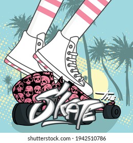 Roller skates Roller girl. enjoy player Pink Skull Pattern Skateboard Summer tropical palms, skates classic.in the Street style Vintage Vector  illustration  background.
