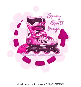 Roller skates for the girl. Spring feminine pattern. Sport style. The emblem with an inscription and a background of flowers.