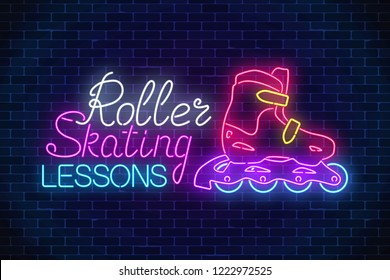 Roller skates glowing neon sign. Roller skating lessons advertising sign. Skate zone symbol in neon style. Vector illustration.