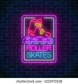 Roller skates glowing neon sign in rectangle frames on dark brick wall background. Skate zone symbol in neon style. Vector illustration.