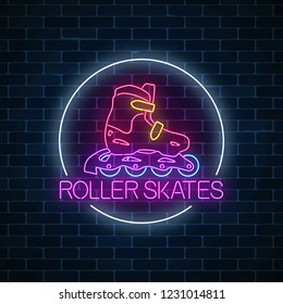Roller skates glowing neon sign in circle frame on dark brick wall background. Skate zone symbol in neon style. Roller skates rent logo. Vector illustration.