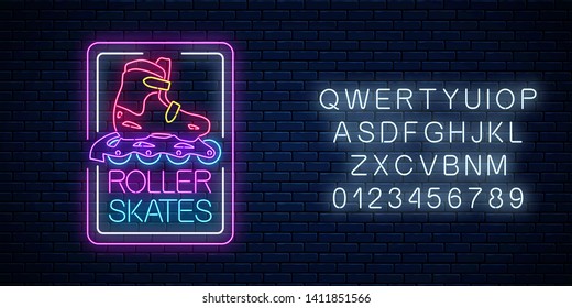 Roller skates glowing neon sign in rectangle frames with alphabet on dark brick wall background. Skate zone symbol in neon style. Vector illustration.